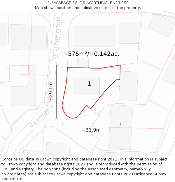 1, VICARAGE FIELDS, WORTHING, BN13 3SF: Plot and title map