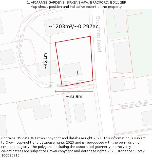 1, VICARAGE GARDENS, BIRKENSHAW, BRADFORD, BD11 2EF: Plot and title map