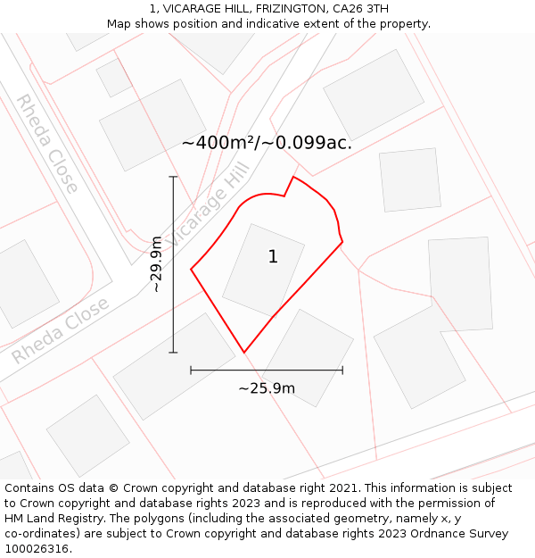 1, VICARAGE HILL, FRIZINGTON, CA26 3TH: Plot and title map