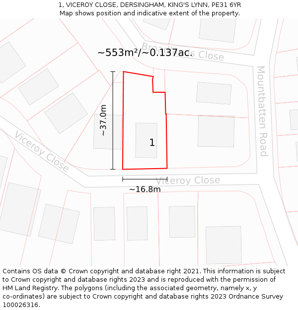 1, VICEROY CLOSE, DERSINGHAM, KING'S LYNN, PE31 6YR: Plot and title map