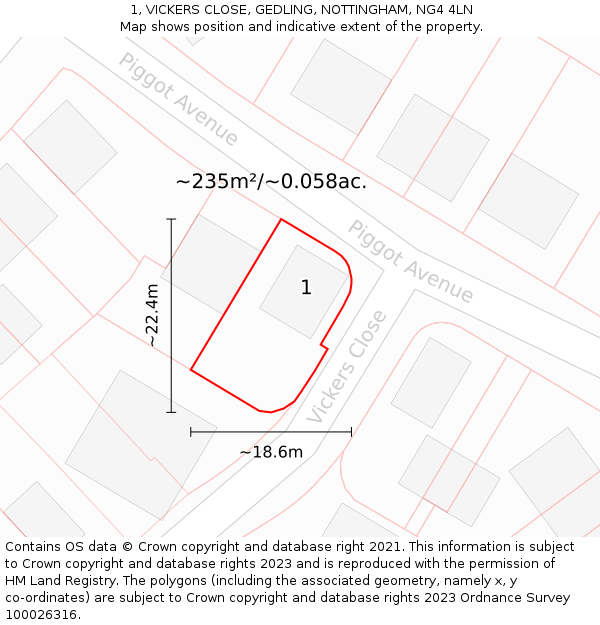 1, VICKERS CLOSE, GEDLING, NOTTINGHAM, NG4 4LN: Plot and title map