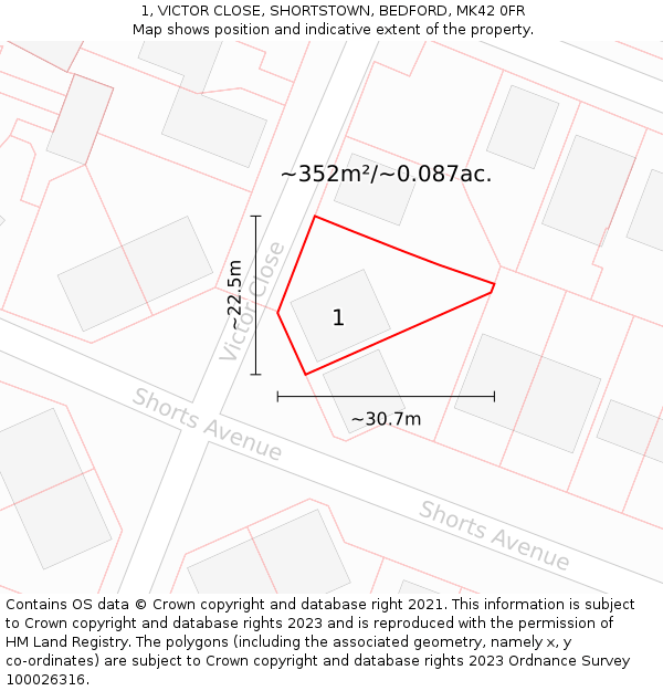 1, VICTOR CLOSE, SHORTSTOWN, BEDFORD, MK42 0FR: Plot and title map