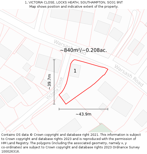 1, VICTORIA CLOSE, LOCKS HEATH, SOUTHAMPTON, SO31 9NT: Plot and title map