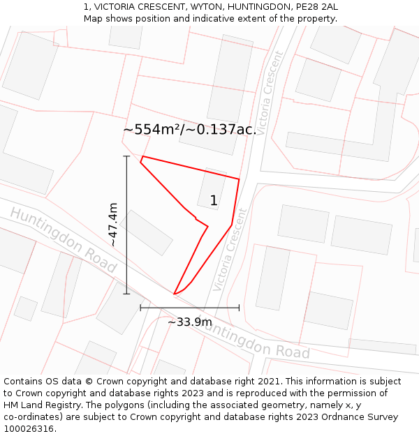 1, VICTORIA CRESCENT, WYTON, HUNTINGDON, PE28 2AL: Plot and title map