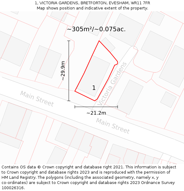 1, VICTORIA GARDENS, BRETFORTON, EVESHAM, WR11 7FR: Plot and title map