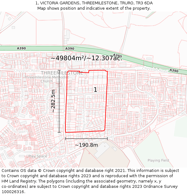 1, VICTORIA GARDENS, THREEMILESTONE, TRURO, TR3 6DA: Plot and title map