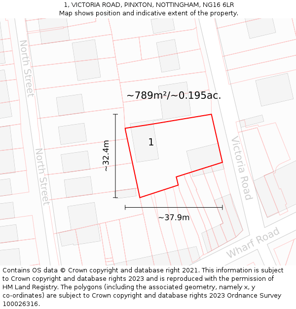 1, VICTORIA ROAD, PINXTON, NOTTINGHAM, NG16 6LR: Plot and title map