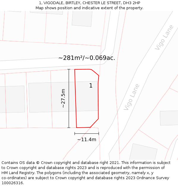 1, VIGODALE, BIRTLEY, CHESTER LE STREET, DH3 2HP: Plot and title map