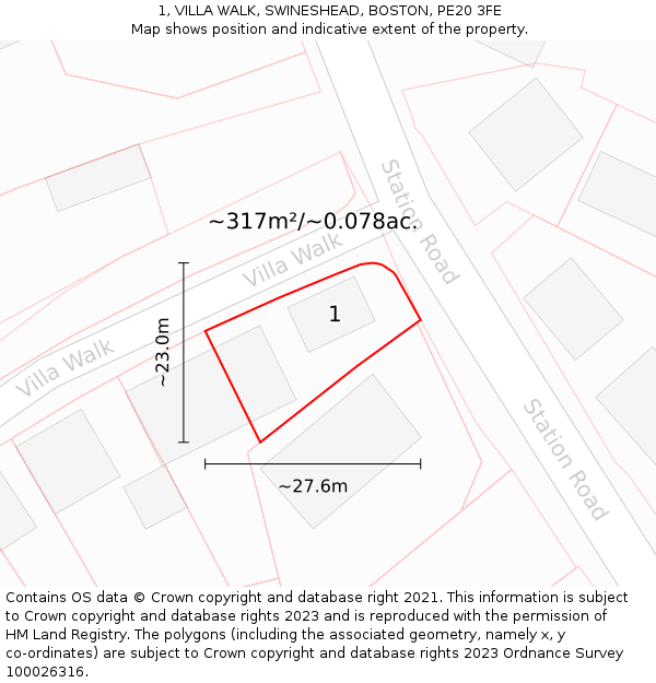 1, VILLA WALK, SWINESHEAD, BOSTON, PE20 3FE: Plot and title map
