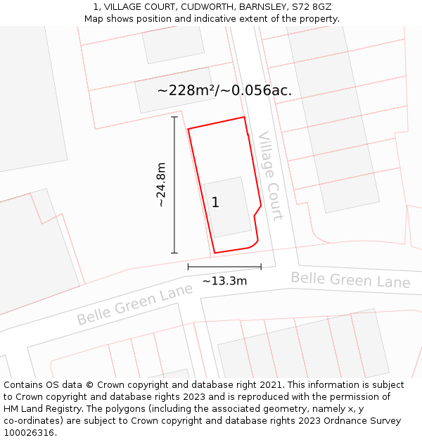 1, VILLAGE COURT, CUDWORTH, BARNSLEY, S72 8GZ: Plot and title map