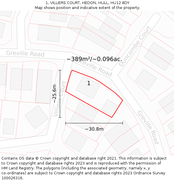1, VILLIERS COURT, HEDON, HULL, HU12 8DY: Plot and title map
