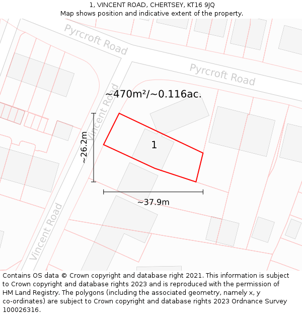1, VINCENT ROAD, CHERTSEY, KT16 9JQ: Plot and title map