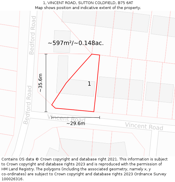 1, VINCENT ROAD, SUTTON COLDFIELD, B75 6AT: Plot and title map