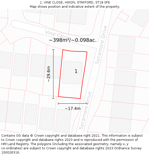 1, VINE CLOSE, HIXON, STAFFORD, ST18 0FE: Plot and title map