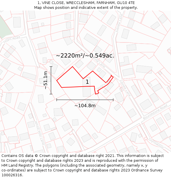 1, VINE CLOSE, WRECCLESHAM, FARNHAM, GU10 4TE: Plot and title map