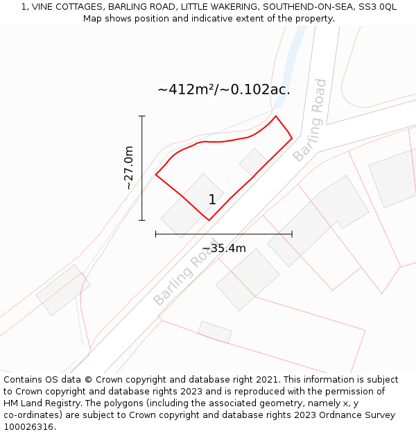 1, VINE COTTAGES, BARLING ROAD, LITTLE WAKERING, SOUTHEND-ON-SEA, SS3 0QL: Plot and title map