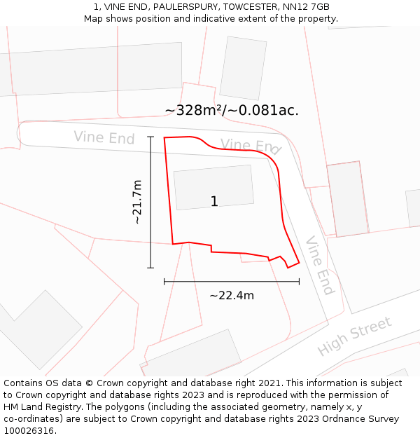1, VINE END, PAULERSPURY, TOWCESTER, NN12 7GB: Plot and title map