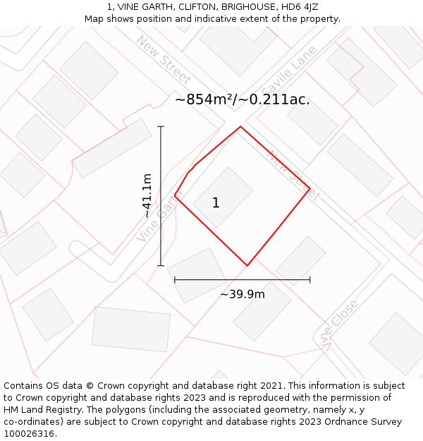 1, VINE GARTH, CLIFTON, BRIGHOUSE, HD6 4JZ: Plot and title map