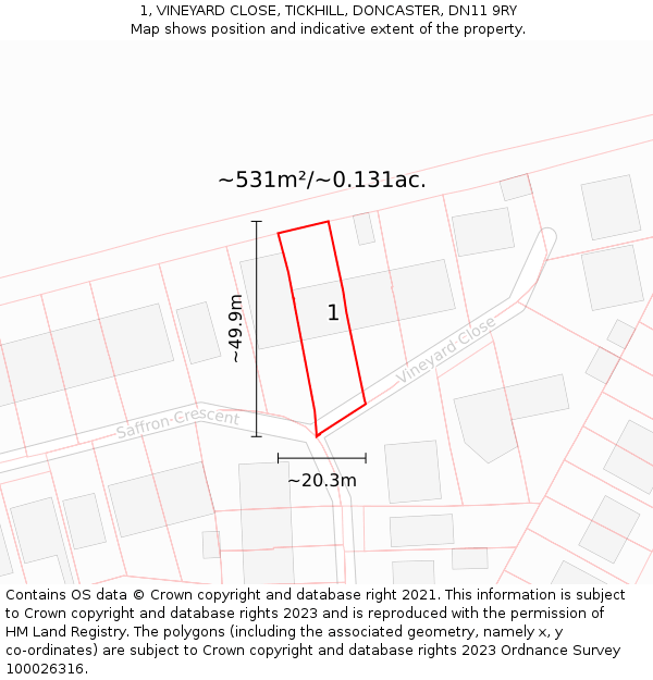 1, VINEYARD CLOSE, TICKHILL, DONCASTER, DN11 9RY: Plot and title map