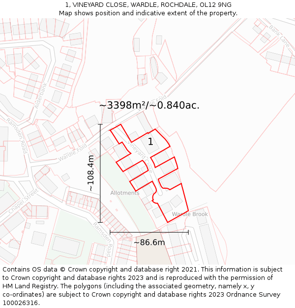 1, VINEYARD CLOSE, WARDLE, ROCHDALE, OL12 9NG: Plot and title map