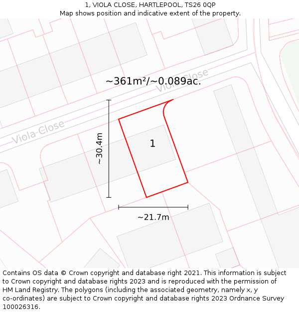 1, VIOLA CLOSE, HARTLEPOOL, TS26 0QP: Plot and title map
