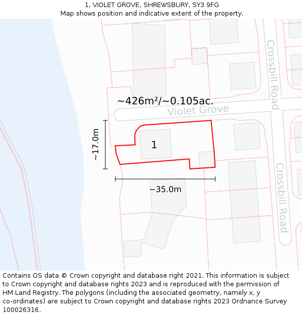 1, VIOLET GROVE, SHREWSBURY, SY3 9FG: Plot and title map