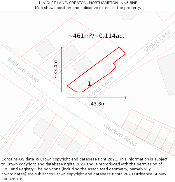 1, VIOLET LANE, CREATON, NORTHAMPTON, NN6 8NR: Plot and title map