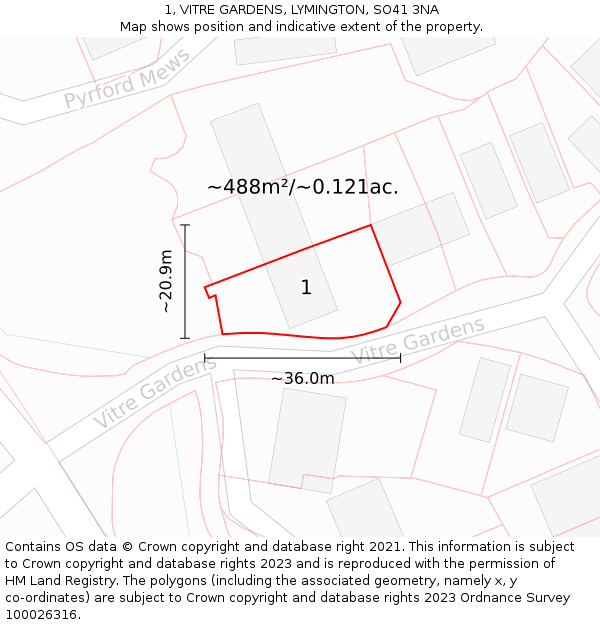 1, VITRE GARDENS, LYMINGTON, SO41 3NA: Plot and title map
