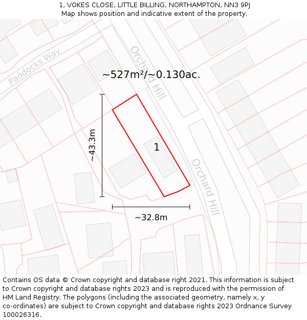 1, VOKES CLOSE, LITTLE BILLING, NORTHAMPTON, NN3 9PJ: Plot and title map
