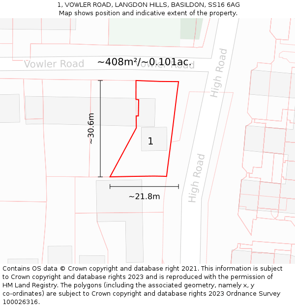 1, VOWLER ROAD, LANGDON HILLS, BASILDON, SS16 6AG: Plot and title map