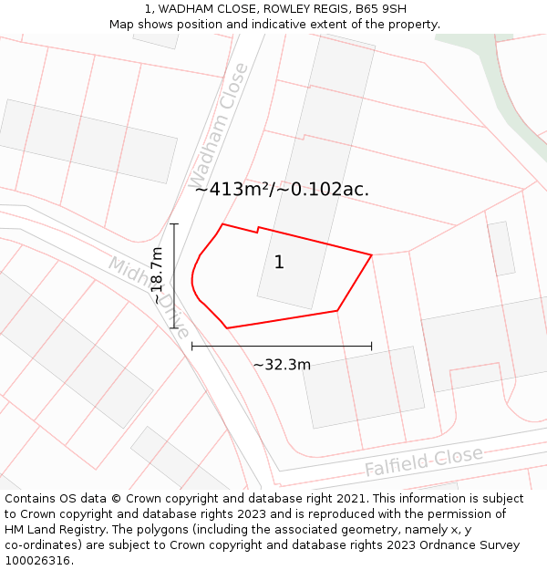 1, WADHAM CLOSE, ROWLEY REGIS, B65 9SH: Plot and title map