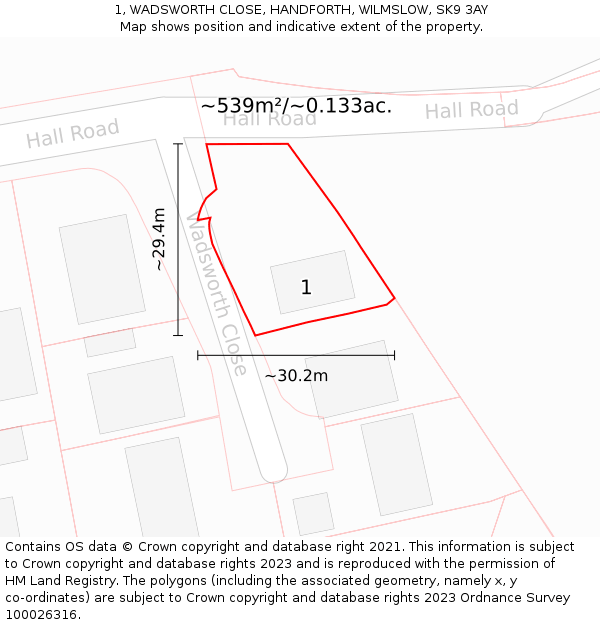 1, WADSWORTH CLOSE, HANDFORTH, WILMSLOW, SK9 3AY: Plot and title map