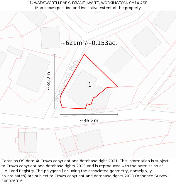 1, WADSWORTH PARK, BRANTHWAITE, WORKINGTON, CA14 4SR: Plot and title map