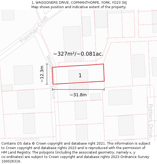 1, WAGGONERS DRIVE, COPMANTHORPE, YORK, YO23 3XJ: Plot and title map