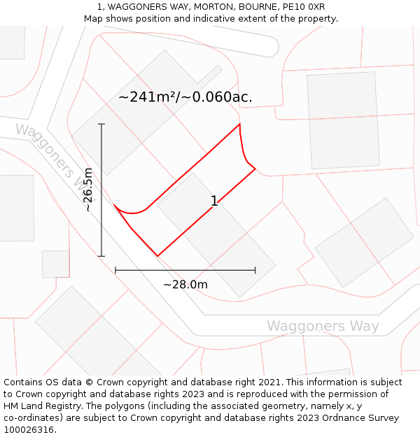 1, WAGGONERS WAY, MORTON, BOURNE, PE10 0XR: Plot and title map
