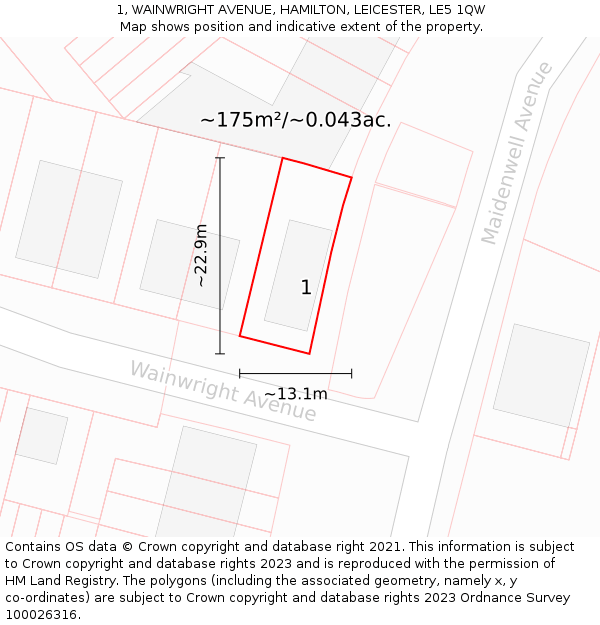 1, WAINWRIGHT AVENUE, HAMILTON, LEICESTER, LE5 1QW: Plot and title map