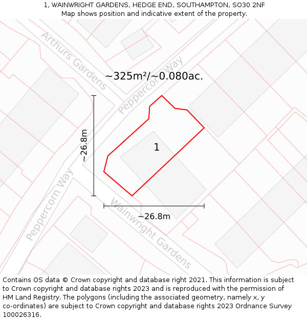 1, WAINWRIGHT GARDENS, HEDGE END, SOUTHAMPTON, SO30 2NF: Plot and title map