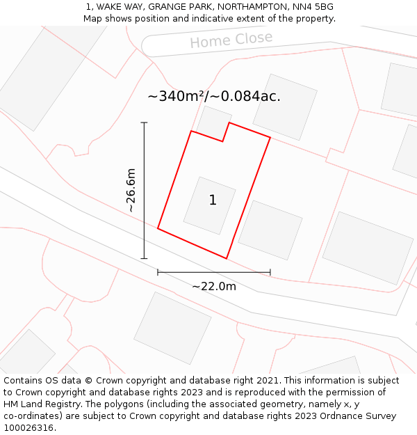 1, WAKE WAY, GRANGE PARK, NORTHAMPTON, NN4 5BG: Plot and title map