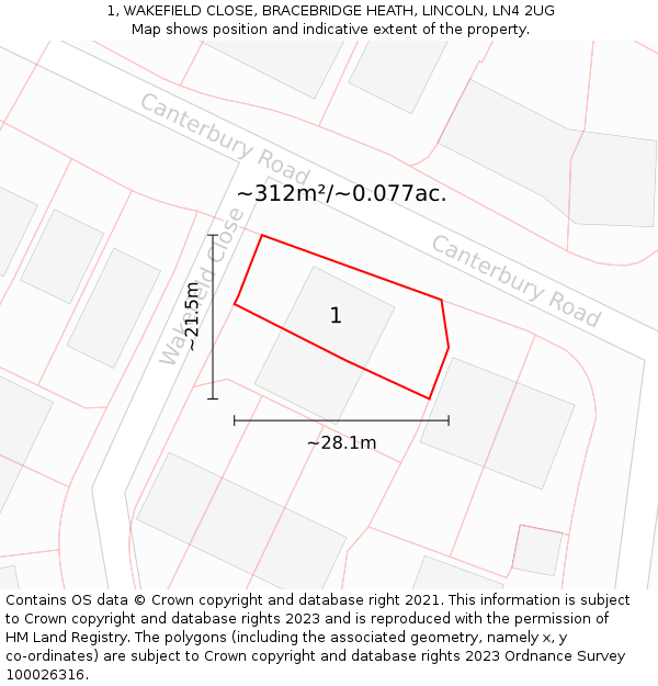 1, WAKEFIELD CLOSE, BRACEBRIDGE HEATH, LINCOLN, LN4 2UG: Plot and title map