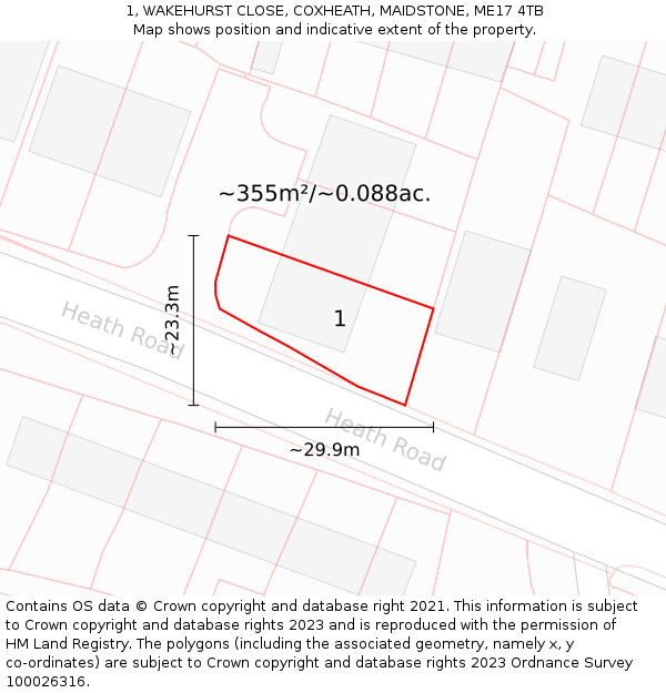 1, WAKEHURST CLOSE, COXHEATH, MAIDSTONE, ME17 4TB: Plot and title map
