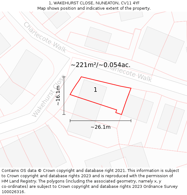 1, WAKEHURST CLOSE, NUNEATON, CV11 4YF: Plot and title map