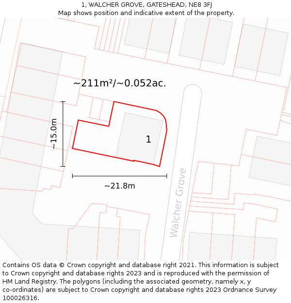 1, WALCHER GROVE, GATESHEAD, NE8 3FJ: Plot and title map