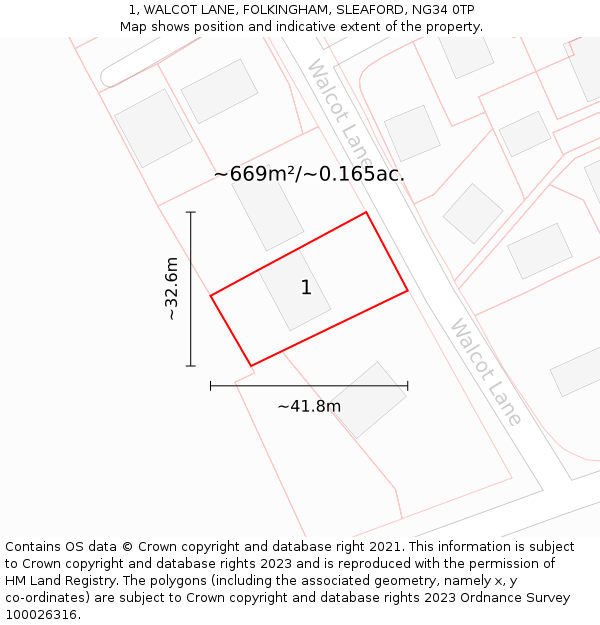 1, WALCOT LANE, FOLKINGHAM, SLEAFORD, NG34 0TP: Plot and title map