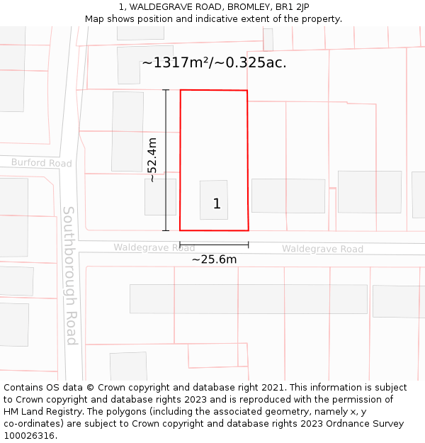 1, WALDEGRAVE ROAD, BROMLEY, BR1 2JP: Plot and title map