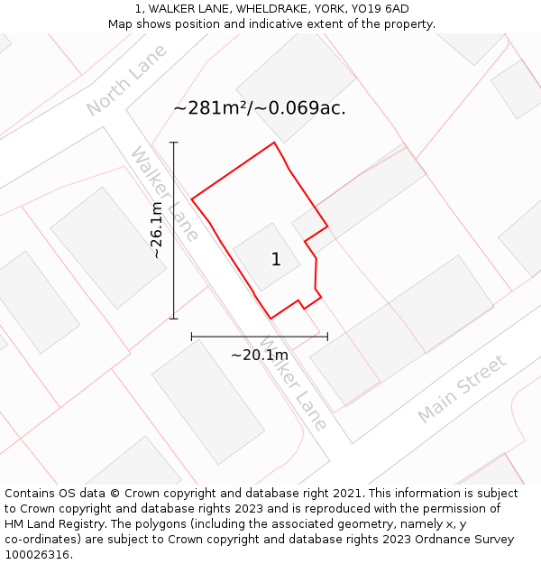 1, WALKER LANE, WHELDRAKE, YORK, YO19 6AD: Plot and title map