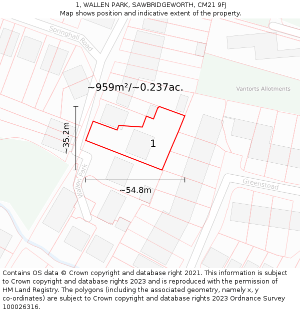 1, WALLEN PARK, SAWBRIDGEWORTH, CM21 9FJ: Plot and title map