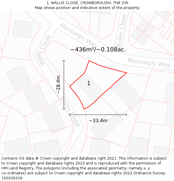 1, WALLIS CLOSE, CROWBOROUGH, TN6 2YA: Plot and title map