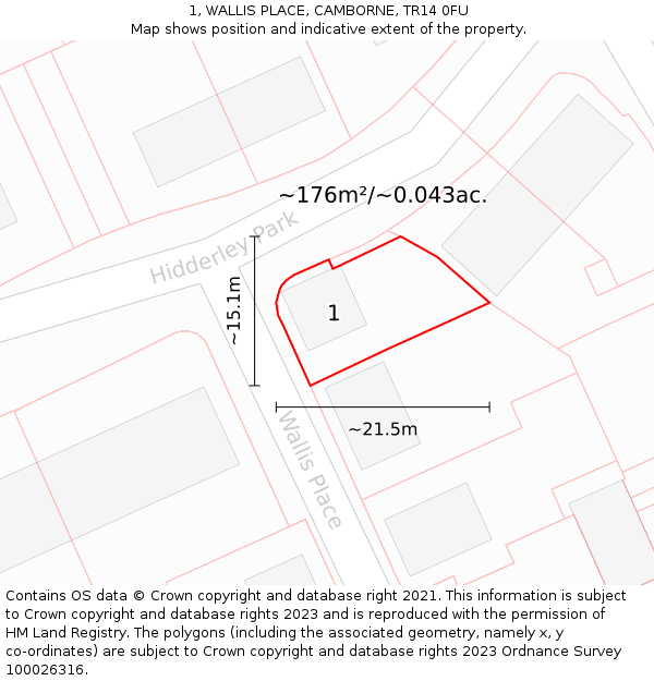 1, WALLIS PLACE, CAMBORNE, TR14 0FU: Plot and title map