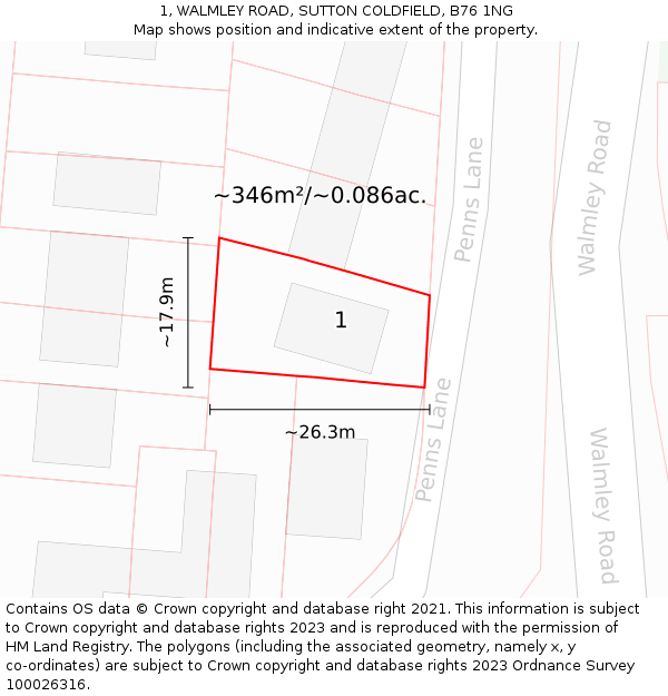1, WALMLEY ROAD, SUTTON COLDFIELD, B76 1NG: Plot and title map