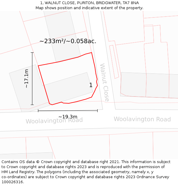 1, WALNUT CLOSE, PURITON, BRIDGWATER, TA7 8NA: Plot and title map